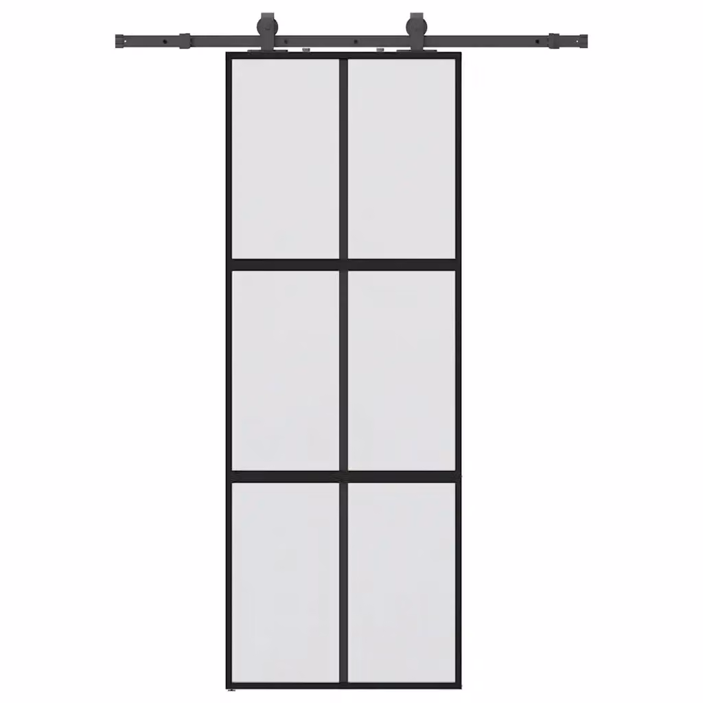 Porta Scorrevole Moderna vidaXL in Vetro Temperato e Alluminio, Colore Nero, L: 76 cm, H: 205 cm – 2