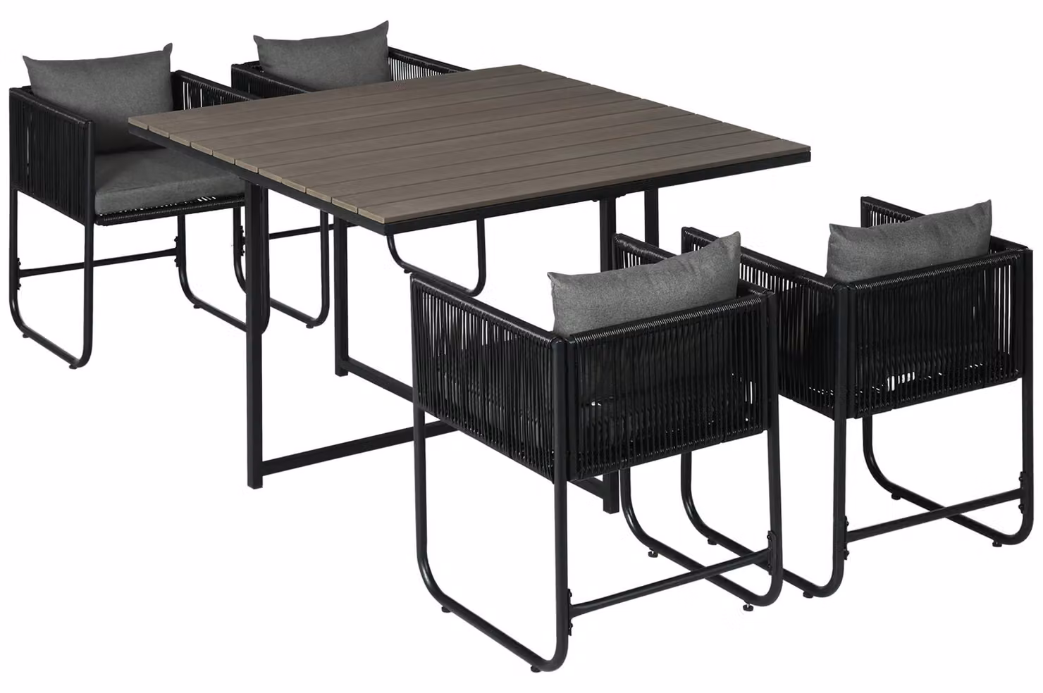 Set da pranzo da esterno, set da giardino, 5 pezzi, polyrattan, cuscini di seduta, resistente alle intemperie, nero/grigio