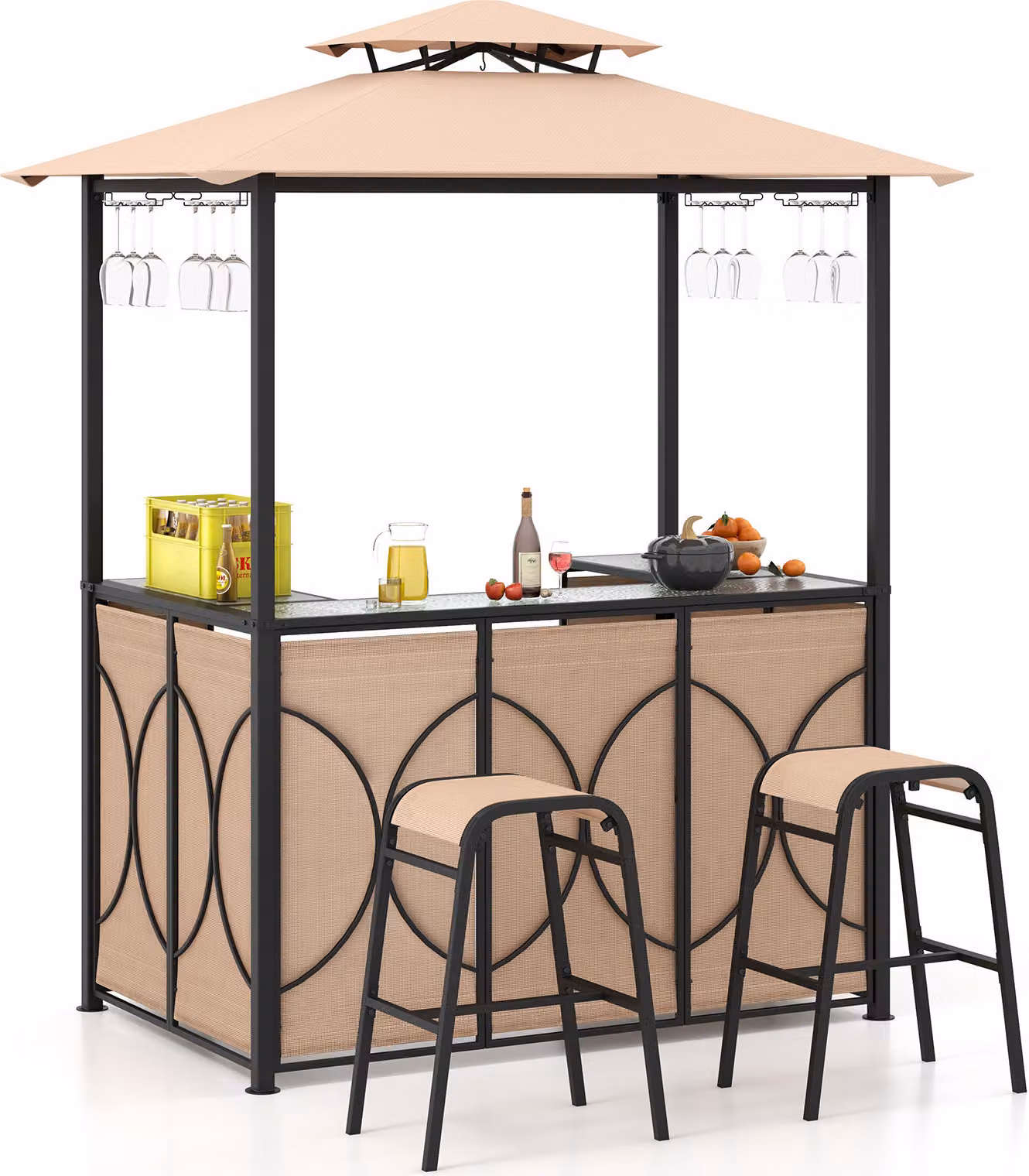 Set bar da giardino COSTWAY, tavolo bar con 2 sgabelli, ripiani in metallo e portabicchieri, padiglione barbecue con doppio tetto, bancone da giardino marrone