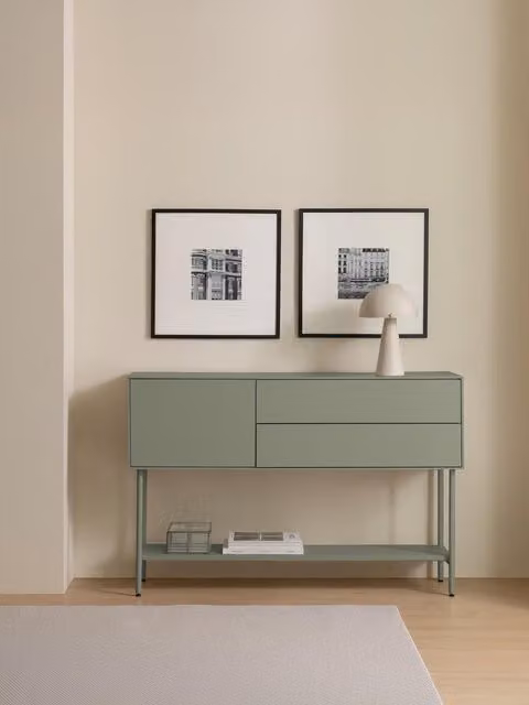 Console minimalista Qbic Kenay Home verde in metallo e MDF