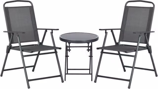 Set da giardino 3 pezzi composto da 2 sedie e un tavolino in metallo e vetro, colore grigio antracite opaco, L/P/H sedie: 53.5 x 64 x 93 cm, L/P/H tavolino: 45 x 50 cm