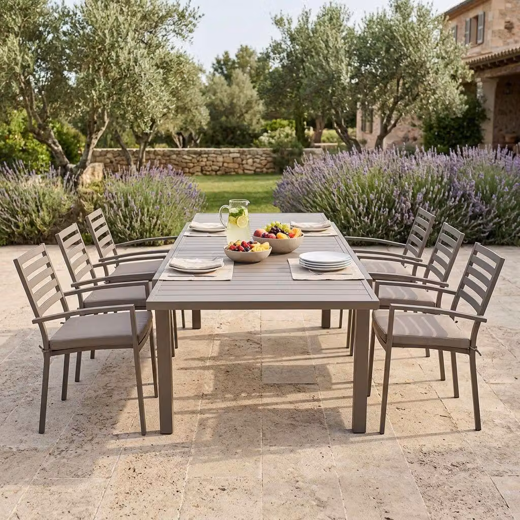 Milani Home - Set Tavolo Giardino Allungabile Rettangolare 200/300x100 Con 6 Poltrone In Alluminio Taupe Da Esterno - Taupe