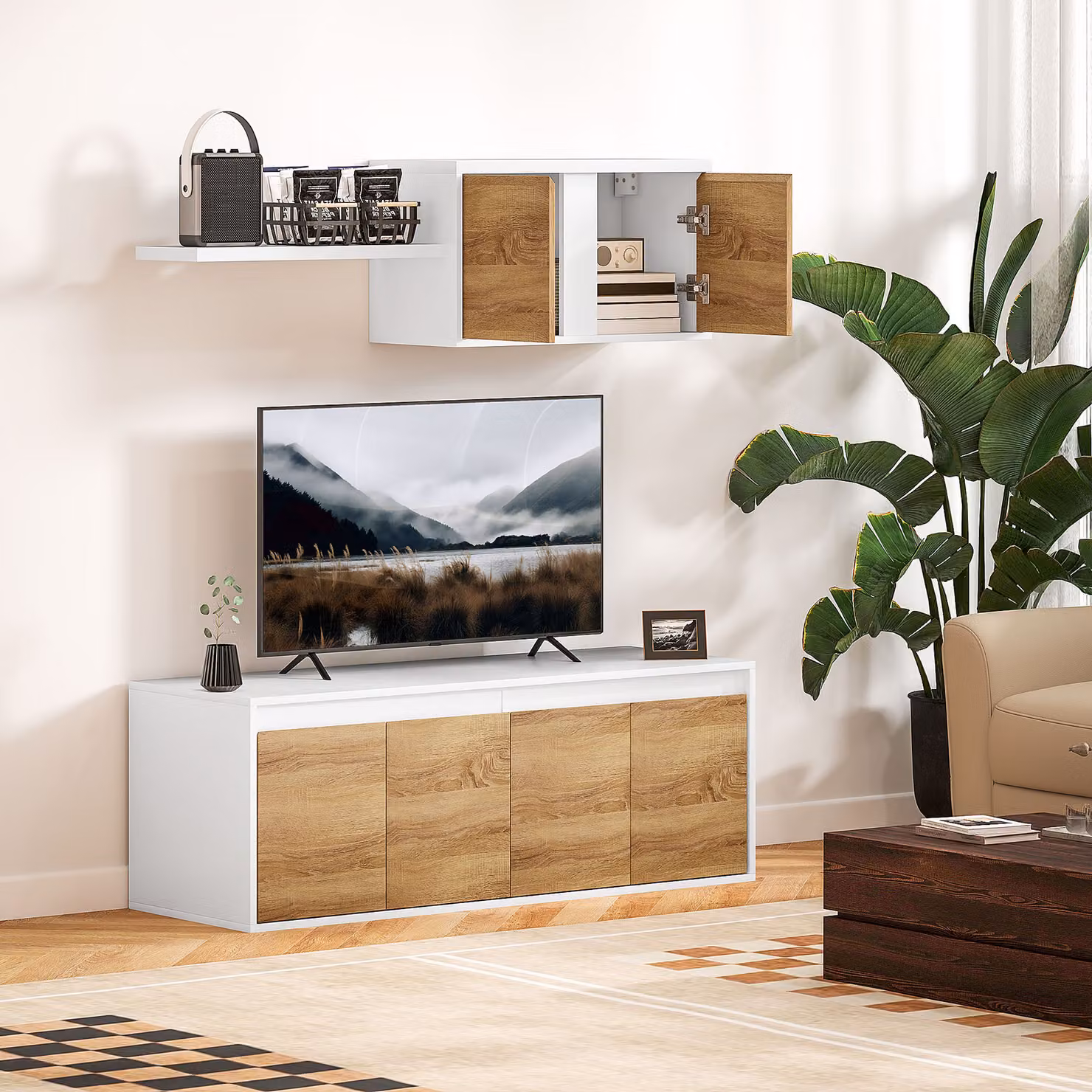 Set Mobile TV e Armadietto a Muro HOMCOM con 7 Ripiani e Scaffale Aperto in Legno, Bianco e Marrone, L 120 x P 41 x H 43,3 cm – 2