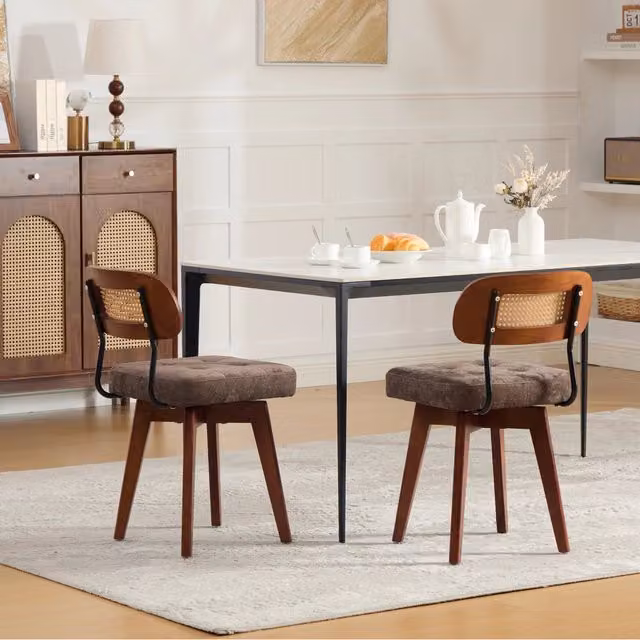 Set di 2 sedie da pranzo girevoli a 360 gradi con schienale in rattan intrecciato; ciniglia; marrone