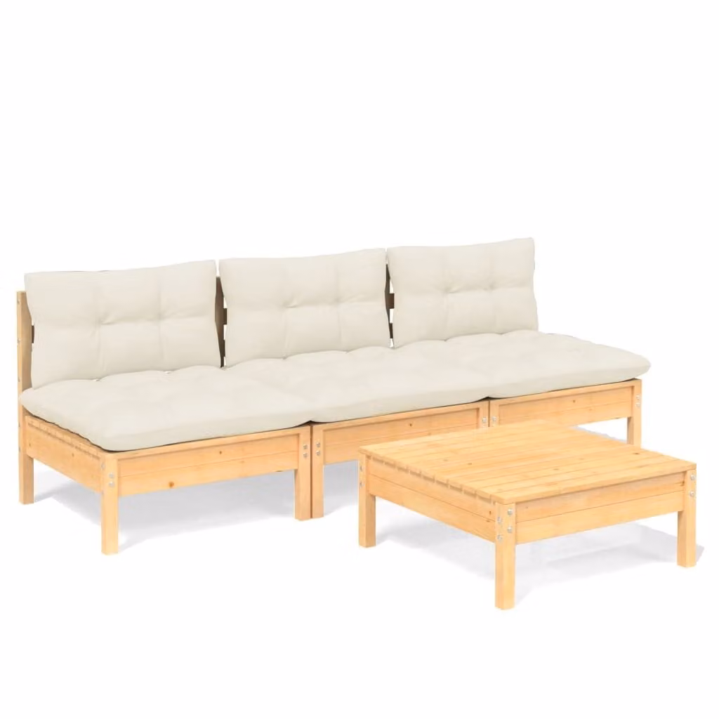 Set Salotto da Giardino 4 pz con Cuscini Crema in Legno di Pino
