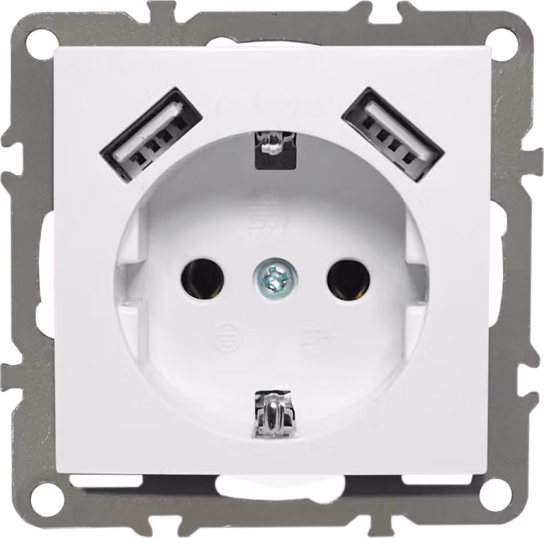 Prese di corrente Schuko a 230V con 2 porte USB, serie QUADRA, colore bianco