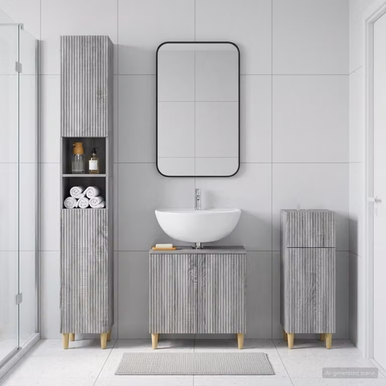 Set di armadietti da bagno 3 pezzi vidaXL ARNHEM in legno e MDF grigio, composto da mobile lavabo, colonna alta e mobile laterale, L/P/H: 190 x 47,98 x 30 cm