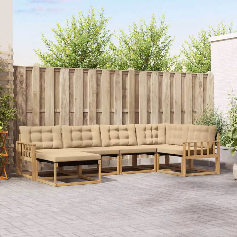 Set di divani da esterno vidaXL a forma di L con 6 pezzi, colore bianco e beige, in legno di acacia e tessuto textilene, con cuscini inclusi