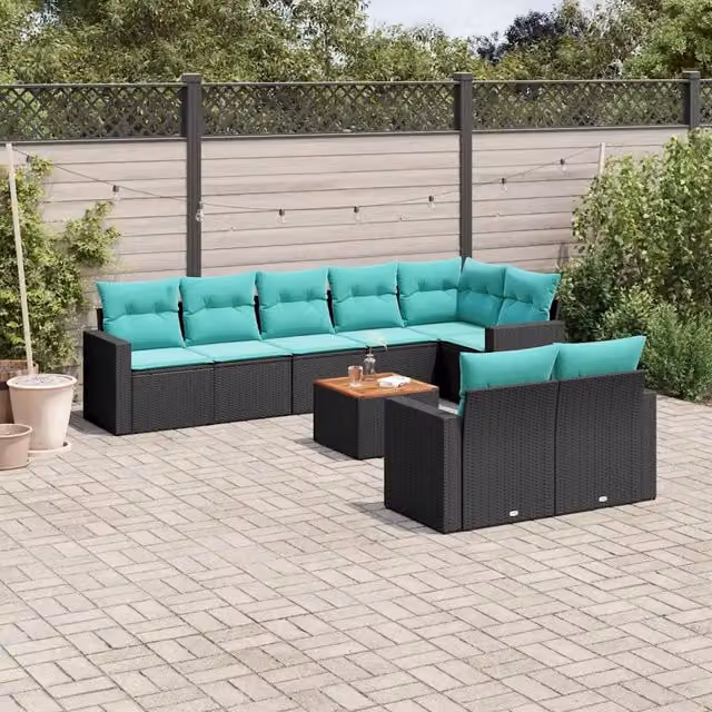 Set Divani da Giardino 9 pz con Cuscini Nero in Polyrattan 3256540