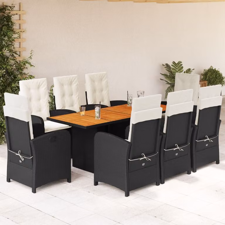 Set da pranzo da giardino vidaXL in polyrattan e legno di acacia con 9 pezzi e cuscini nero e marrone