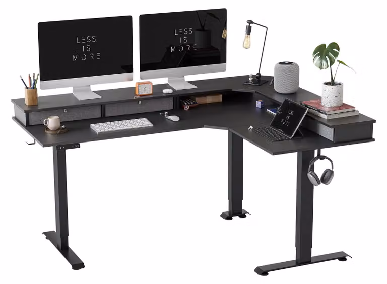 Scrivania a L, regolabile elettricamente, dimensioni 160x120 cm, ideale per l'ufficio, con struttura in acciaio dallo stile industriale