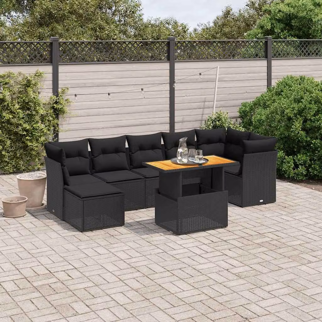 vidaXL Set Divani da Giardino a L con Cuscini 8 pz Nero in Polyrattan e Legno di Acacia – 1