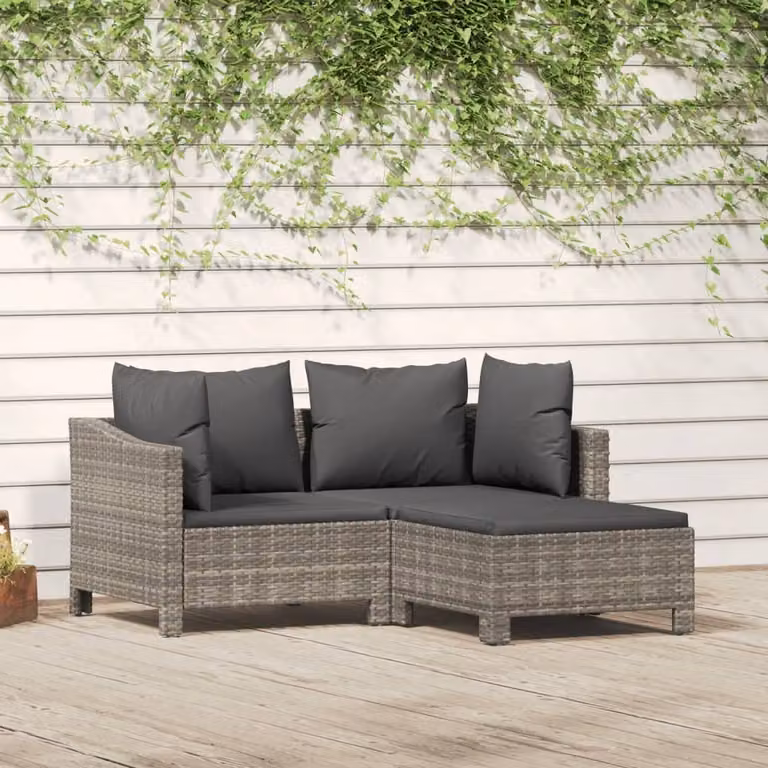 The Living Store Set di 3 pezzi da giardino con cuscini in poly rattan grigio