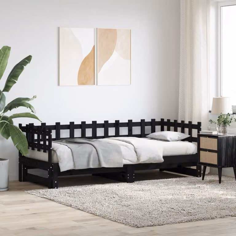 vidaXL Dormeuse Estraibile Nera in Tessuto con Struttura in Legno di Pino, L/P/H: 160 x 200 x 68,5 cm
