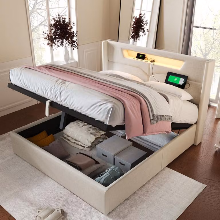 Letto imbottito 160x200 cm con spazio contenitore, illuminazione a LED, prese USB e di tipo C, struttura beige in tessuto di lino e rete a doghe