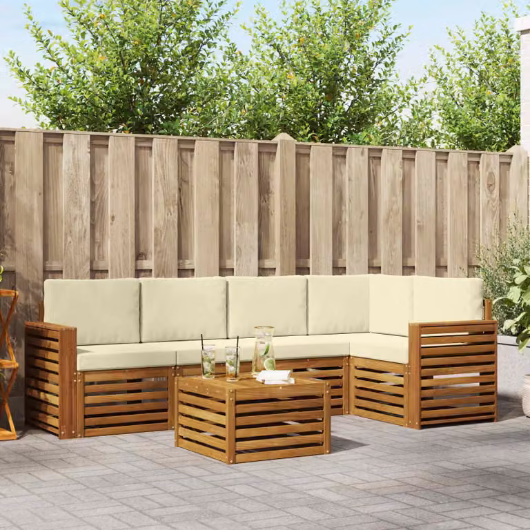 Set di divani da esterno vidaXL a forma di L con tavolo da caffè, 6 pezzi, in legno di acacia e tessuto beige e bianco