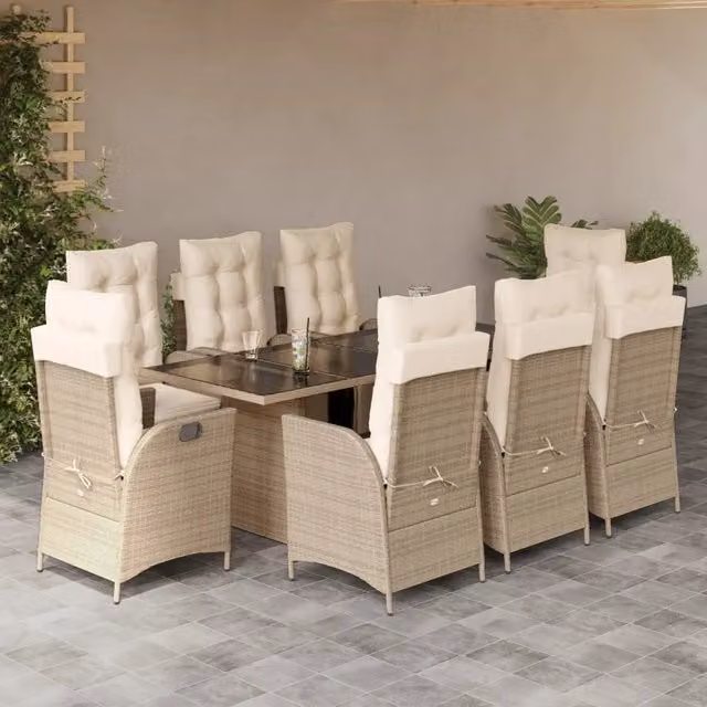 Set da pranzo da giardino vidaXL in polyrattan con cuscini beige e piano in vetro, 9 pezzi – 1