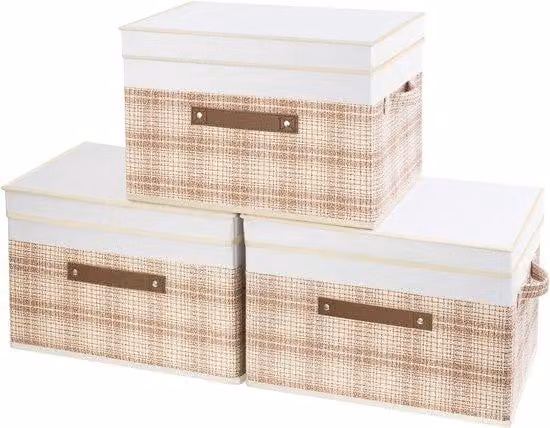 Scatola pieghevole in tessuto con motivo patchwork - Lavabile - Set di 3 - 38x25x25 cm - Marrone chiaro