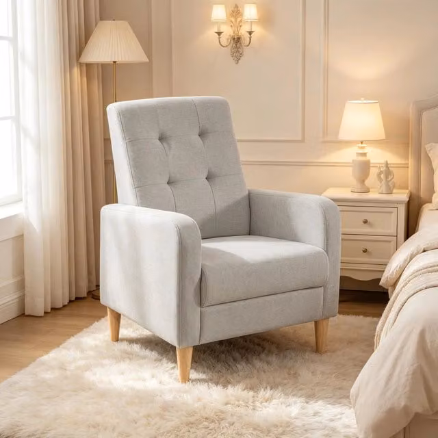 Poltrona da camera con schienale alto ergonomico seduta ampia e braccioli imbottita resistente in lino grigio chiaro