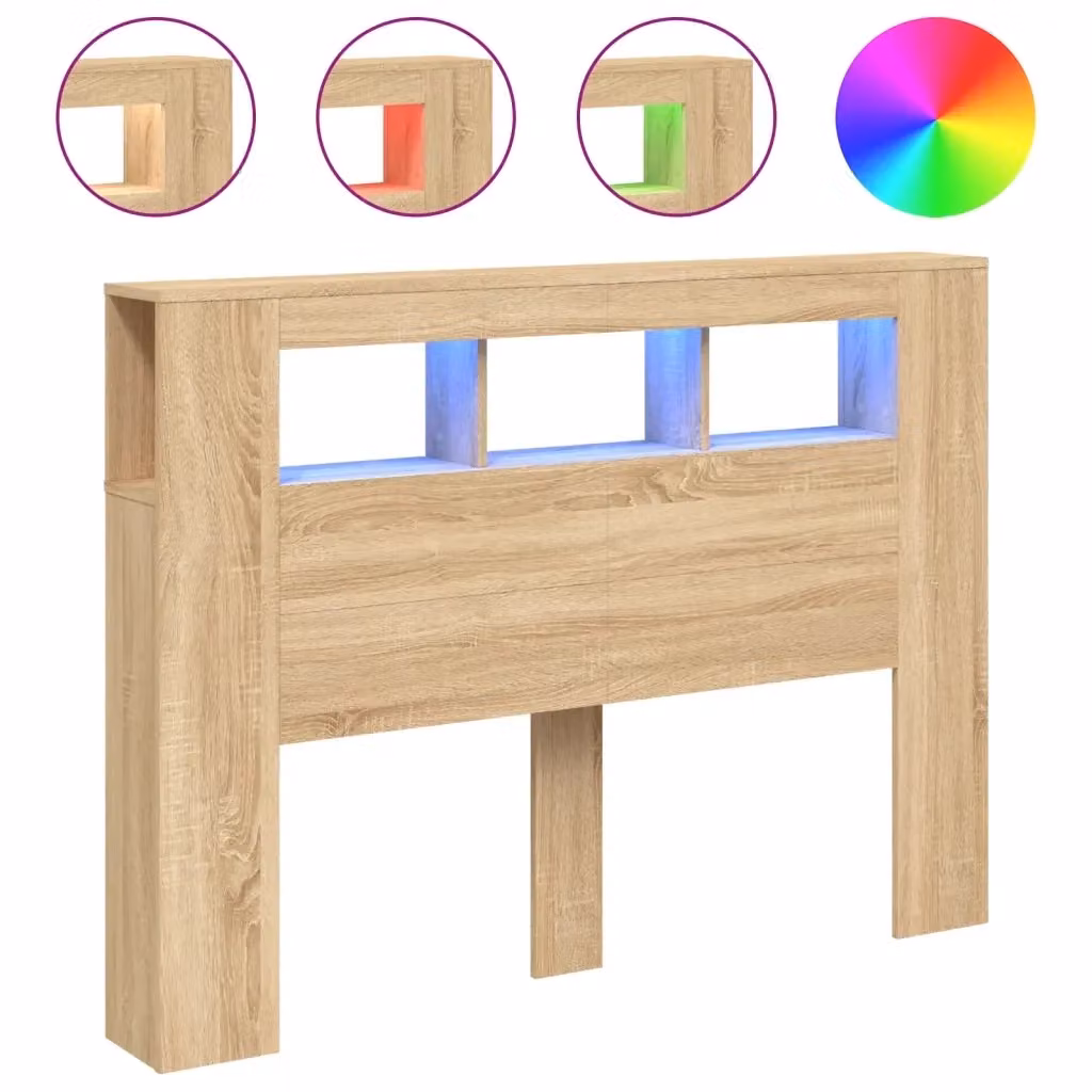 Testiera con LED vidaXL in legno Rovere Sonoma marrone con mensola integrata e porta USB, L 140 x P 18,5 x H 103,5 cm – 2