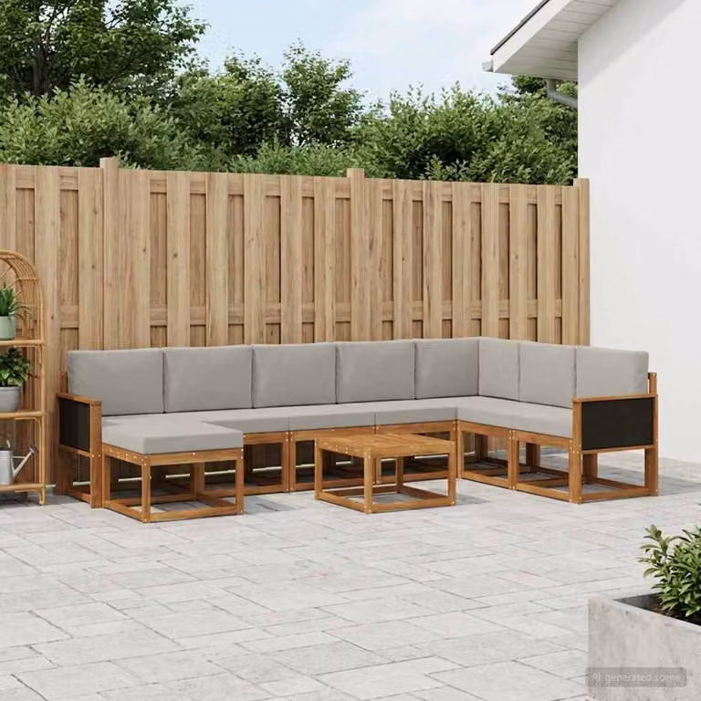 vidaXL Set di divani da esterno moderno a L in legno di acacia, 9 pezzi, Marrone e Grigio Chiaro