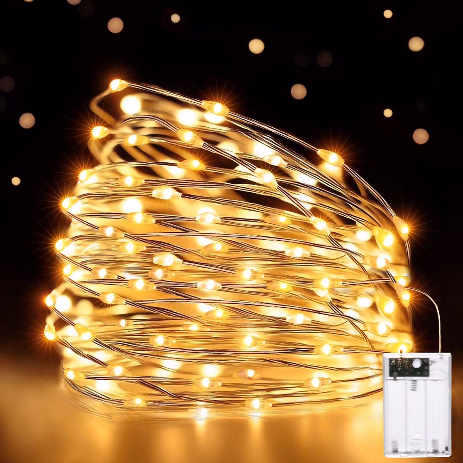 Catena luminosa da 10 metri con 100 LED, luce bianco caldo, alimentazione a batteria, grado di protezione IP44