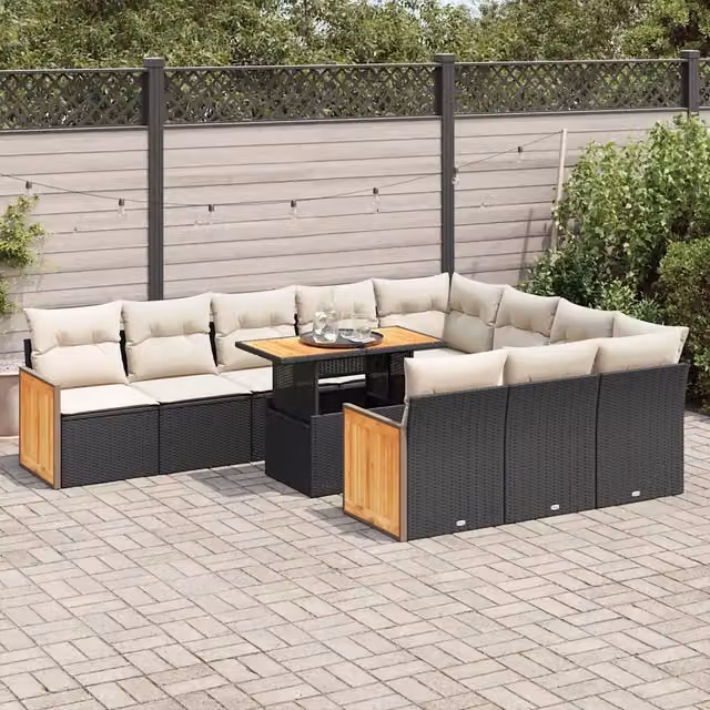 Set di Divani da Giardino vidaXL in Polyrattan e Legno di Acacia Nero con Cuscini, Forma a U e Tavolino da Esterno, 11 Pezzi