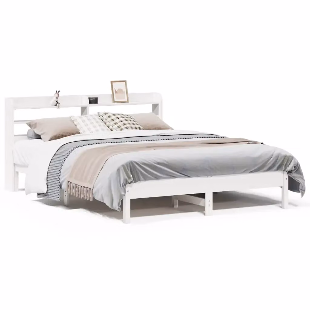Letto in legno di pino massello bianco con ripiani laterali L: 160 cm, P: 200 cm, H: 82 cm – 2