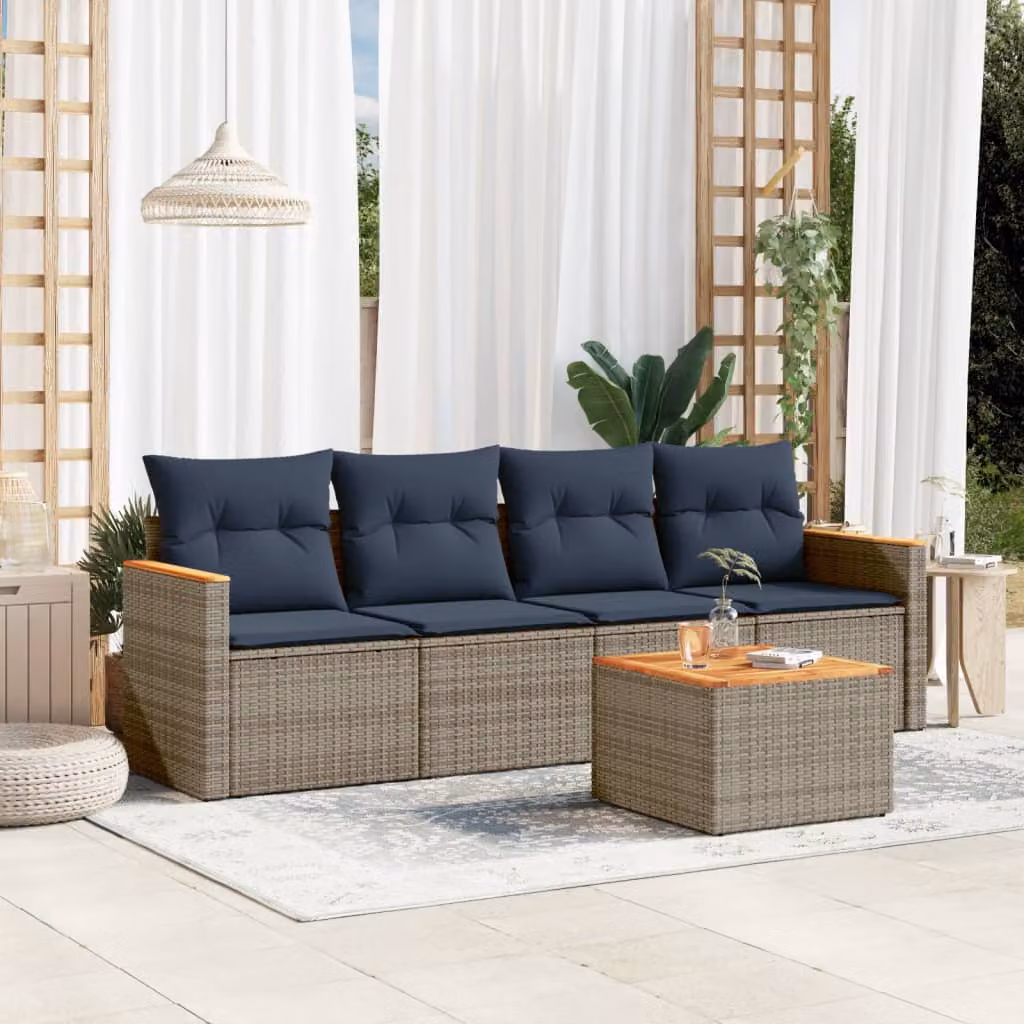Set da giardino vidaXL composto da 5 pezzi con divani e tavolino, colore grigio, in rattan con struttura in acciaio e cuscini inclusi