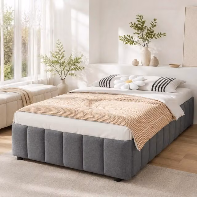 Letto imbottito 90 x 200 cm con contenitore idraulico; senza testiera; lino; grigio