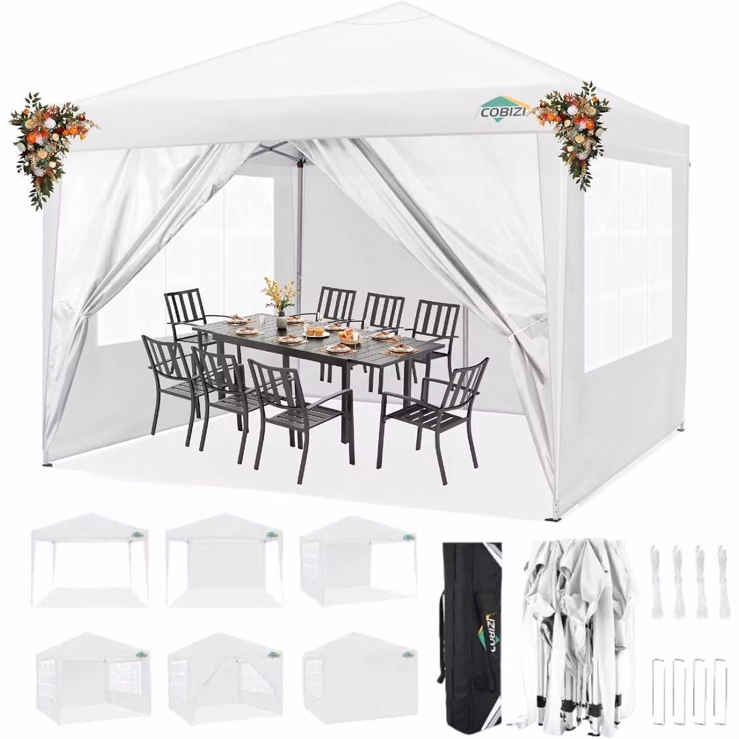 Gazebo da esterno 3x3 metri, impermeabile, con 4 pareti laterali, protezione UV 50, colore bianco