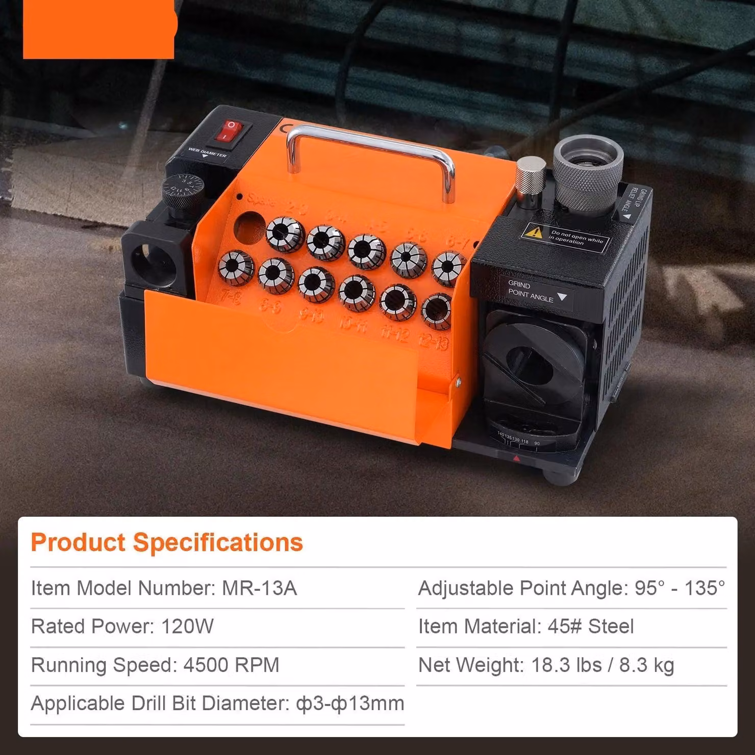 Macchina per affilare, trapano, smerigliatrice, affilatrice per punte, affilatura di punte - Motore da 120W - Angolo di affilatura regolabile da 95° a 135°