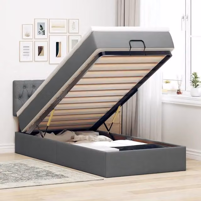 Letto con contenitore a sollevamento e materasso vidaXL in tessuto grigio e bianco, L: 190 cm, P: 90 cm, H: 88 cm
