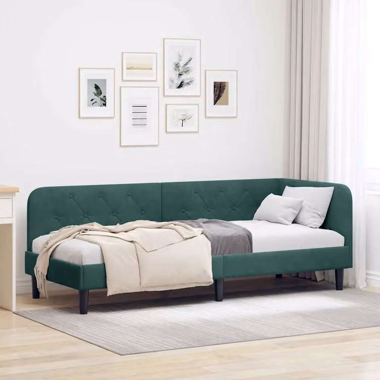 Cornice del letto ad angolo vidaXL in velluto verde con struttura in legno, L 200 x P 80 x H 72 cm