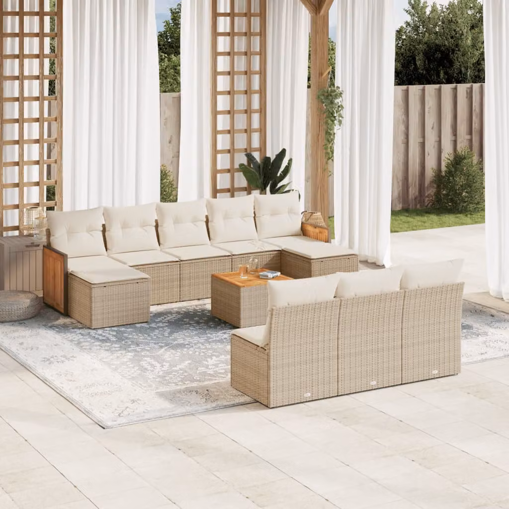 vidaXL Set Divani da Giardino 11 pz in Polyrattan con Cuscini Beige e Tavolino da Esterno – 1