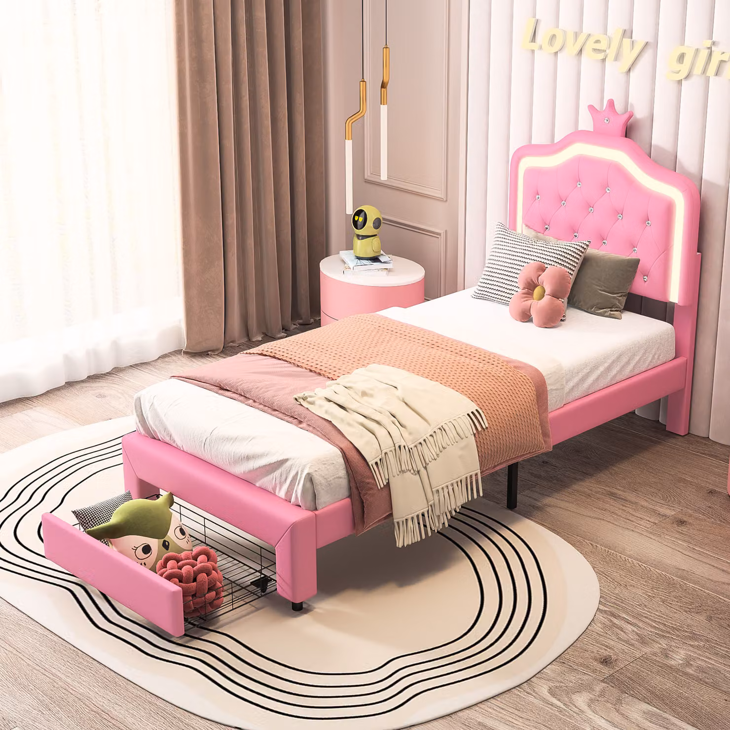 Letto imbottito Fortuna Lai 90x200 cm, LED, forma a fiore, contenitore, regolabile in altezza, ecopelle rosa