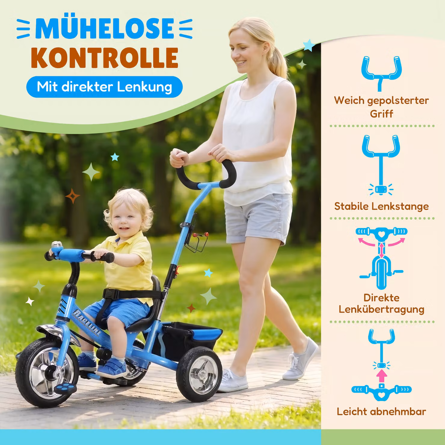 Triciclo per bambini Raceline Spielwerk azzurro in metallo e plastica con maniglia di spinta – 3
