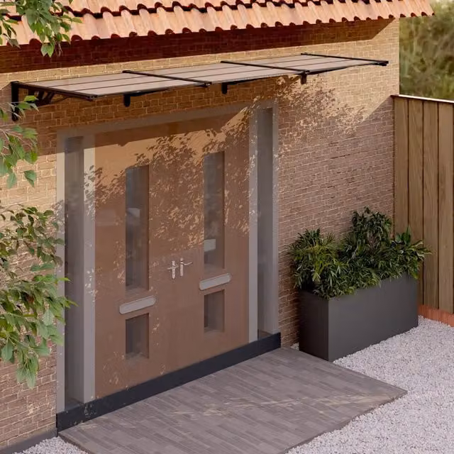 Tettoia per porta vidaXL in policarbonato e alluminio, colore nero, L: 358,5 cm, P: 90 cm, H: 27,5 cm