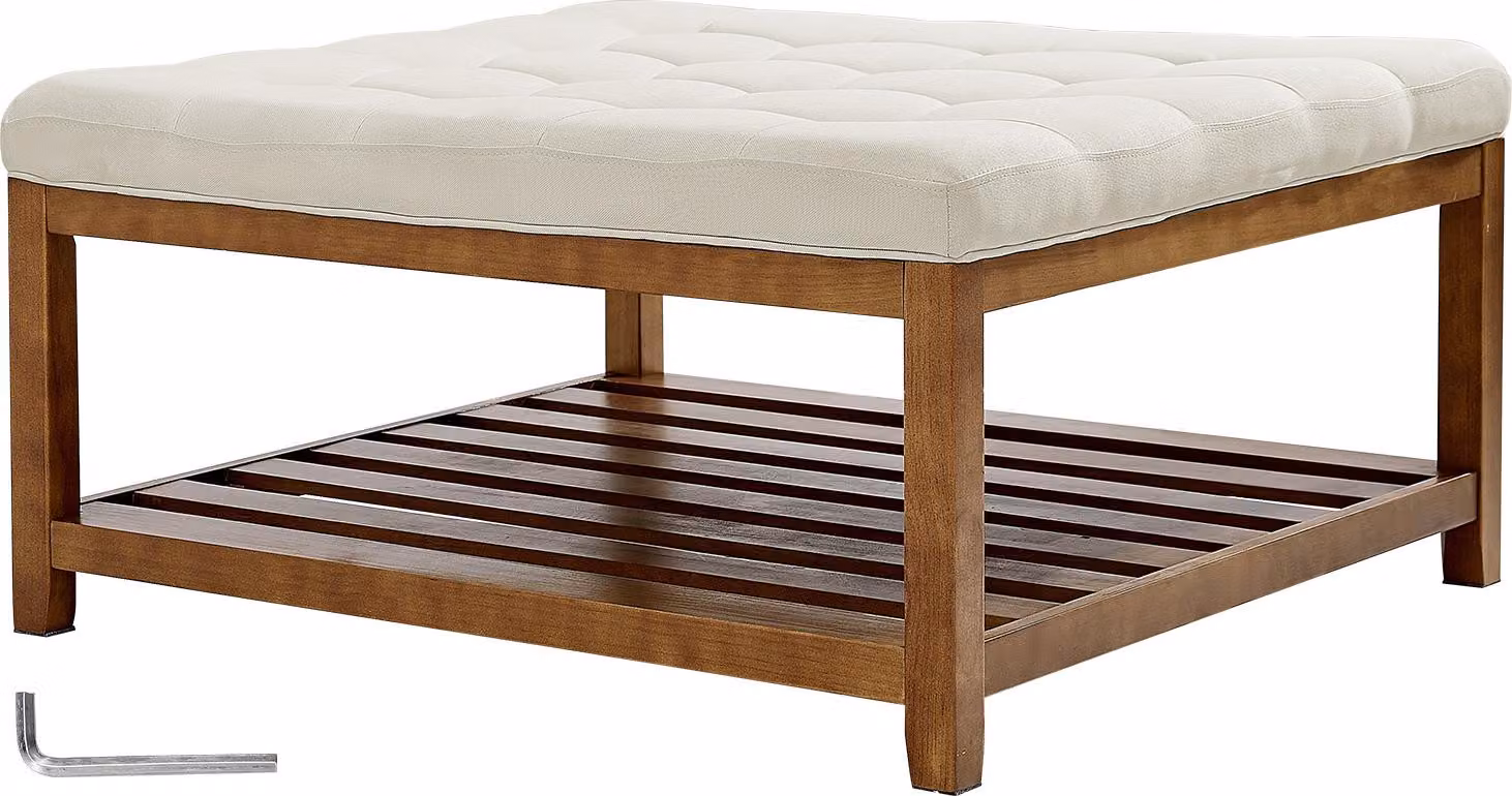 SucceBuy Tavolino quadrato (875 x 875 x 445 mm) con ripiano in legno massiccio, pouf imbottito con poggiapiedi in lino per camera da letto e soggiorno, 181,44 kg, bianco crema