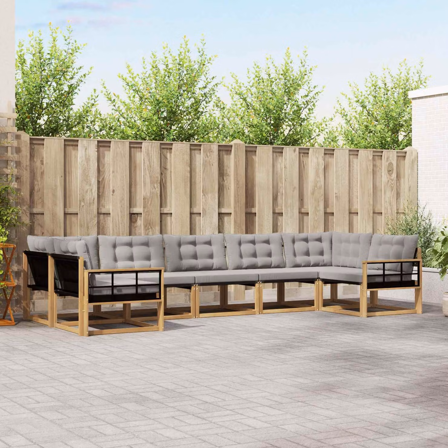 Set di divani da esterno vidaXL a forma di U composto da 7 pezzi in legno di acacia e tessuto textilene, colori bianco e grigio