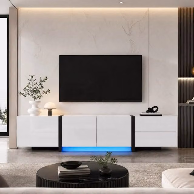 Mobile TV in truciolato bianco lucido con base e gambe nere 170x30x39 cm