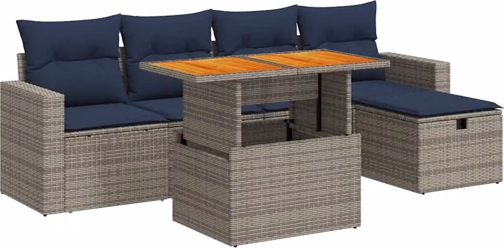 Set Divano da Giardino 6pz con Cuscini Grigio Polyrattan Acacia