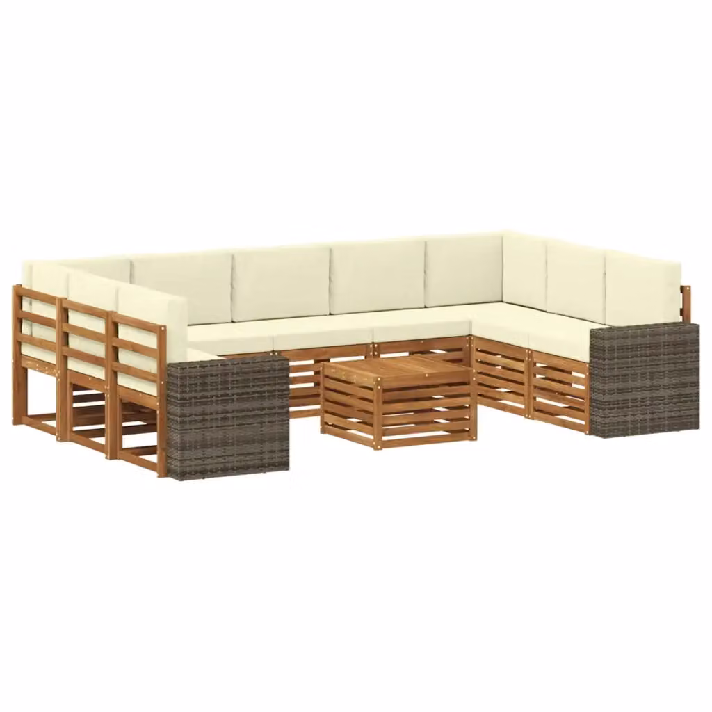 Set di divani da esterno vidaXL a forma di L con tavolo da caffè, composto da 10 pezzi in legno di acacia e tessuto beige e bianco resistente ai raggi UV – 2