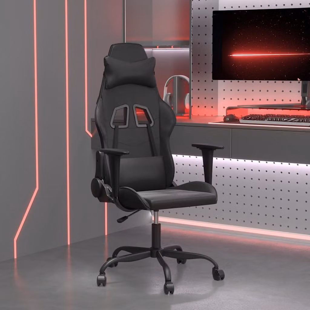 Sedia da Gaming vidaXL Nera in Similpelle con Poggiatesta e Ruote, Girevole a 360 Gradi