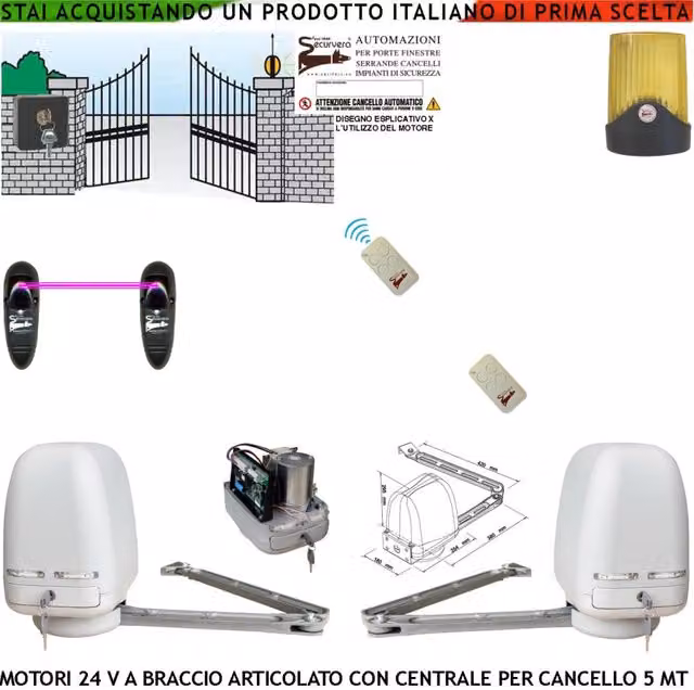 Automazione Cancello Kit Motori Braccio Articolato 24 V 2 Ante da 0,5 a 2,5 MT Centrale 220/24 V Faro Selettore Coppia di Fotocellule 2 Radiocomandi