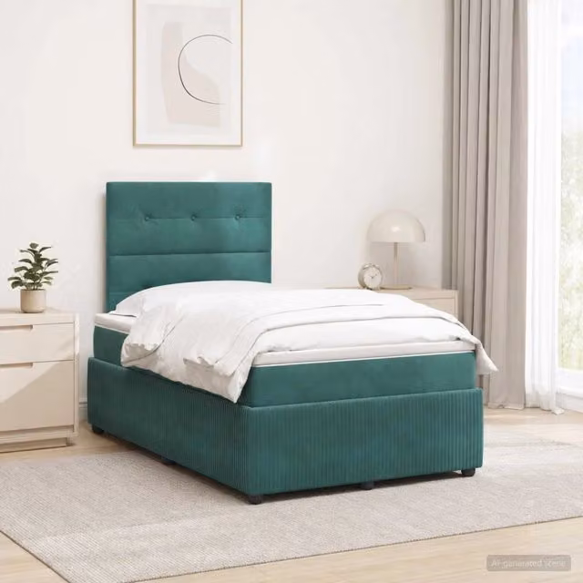 Letto Box Spring vidaXL in velluto verde con materasso ibrido e illuminazione LED, porta di ricarica USB e base a sollevamento, L/P: 120 x 200 cm – 1