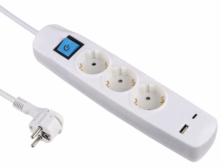 Electraline 62162: Tassello multiplo da parete con 3 prese Schuko con interruttore e 2 porte USB da 3,4A e 17W