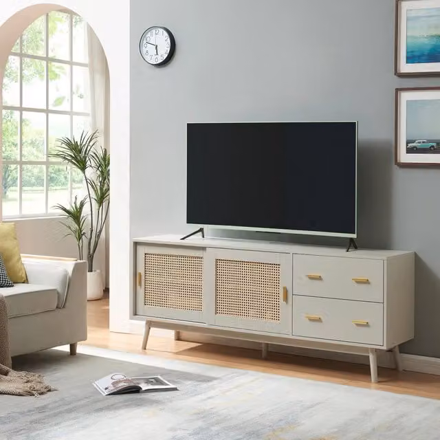 Mobile Porta TV Susa en.casa con Cassetti e Ante Scorrevoli in Polyrattan Beige L: 160 cm, P: 40 cm, H: 65 cm