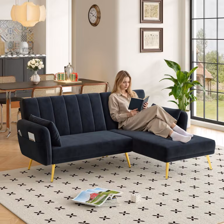 Divano angolare Merax con funzione letto, divano letto pieghevole a L, regolabile a 3 livelli, divano a 3 posti, divano, divano letto, divano da salotto, velluto, nero