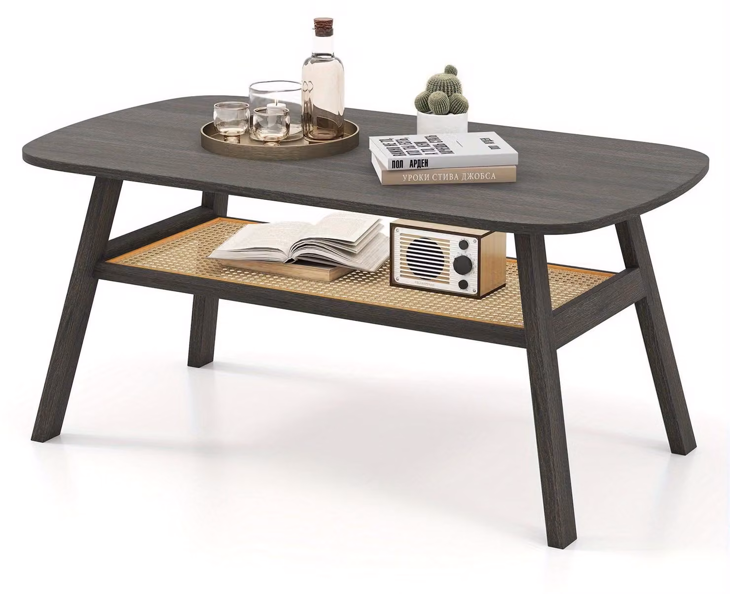 Tavolino da salotto - Tavolino da caffè - Tavolino ausiliario - Tavolino per il soggiorno - Tavolo - Contenitore in rattan - Gambe in legno con rivestimento in gomma